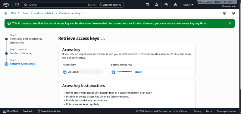AWS Console showing access key creation for the audit user