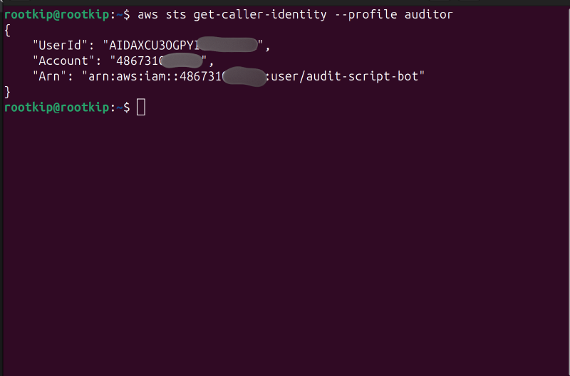 Terminal output for sts get-caller-identity using the auditor profile