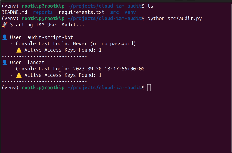 Terminal output of the IAM audit report